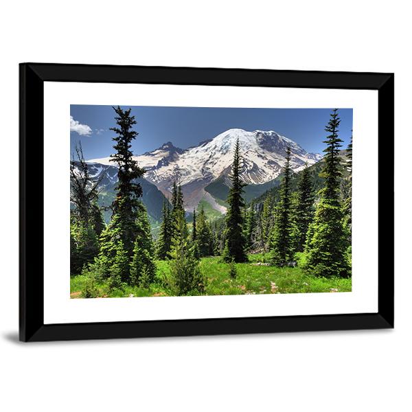 Mt Rainier & Pine Trees Canvas Wall Art-5 Horizontal-Gallery Wrap-22" x 12"-Tiaracle