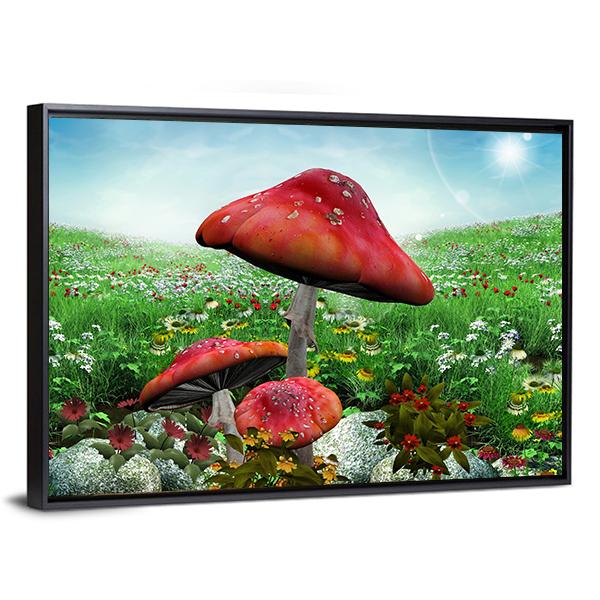 Mushrooms With Flowers Canvas Wall Art-3 Horizontal-Gallery Wrap-25" x 16"-Tiaracle