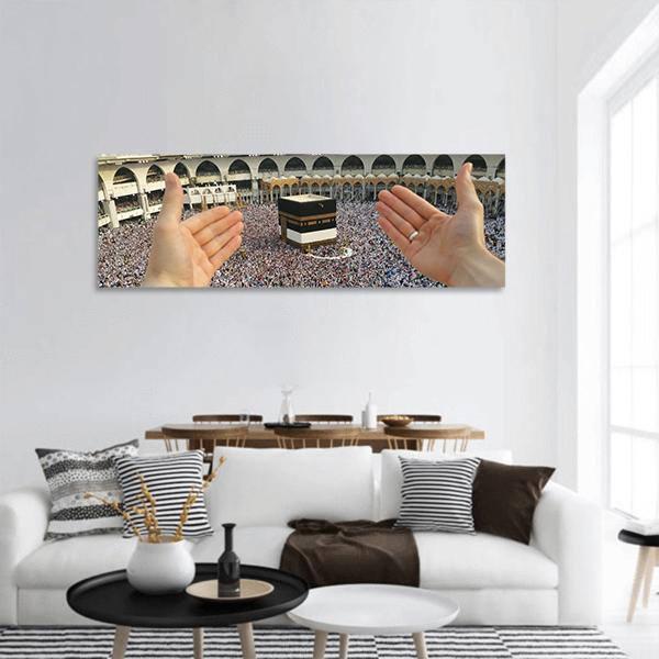 Man Praying & Holy Kaaba Panoramic Canvas Wall Art-1 Piece-36" x 12"-Tiaracle