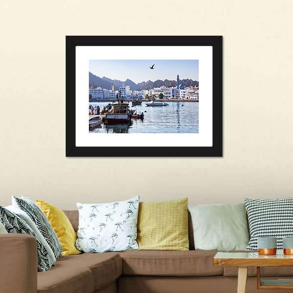 Muttrah Fish Docks Canvas Wall Art-3 Horizontal-Gallery Wrap-25" x 16"-Tiaracle