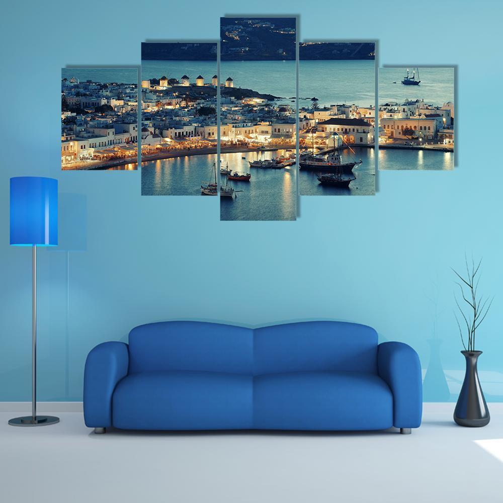 Mykonos Bay At Sunset Canvas Wall Art-5 Star-Gallery Wrap-62" x 32"-Tiaracle