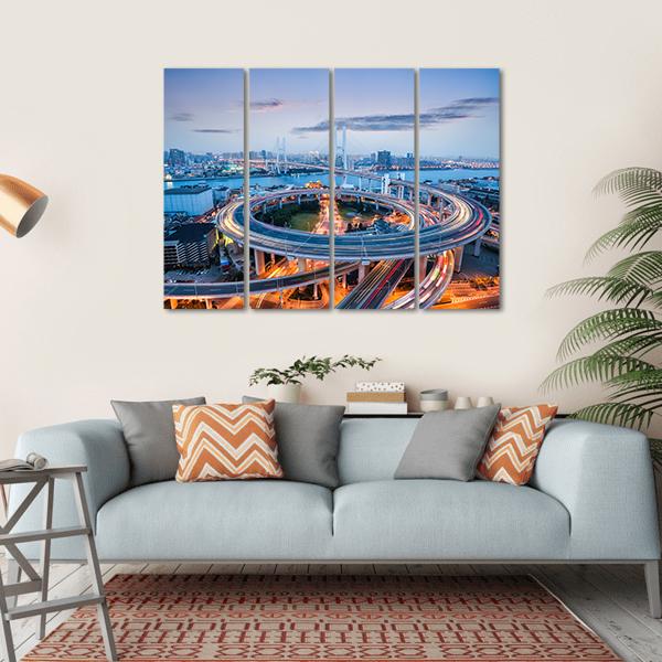 Nanpu Bridge At Dusk Canvas Wall Art-4 Horizontal-Gallery Wrap-34" x 24"-Tiaracle