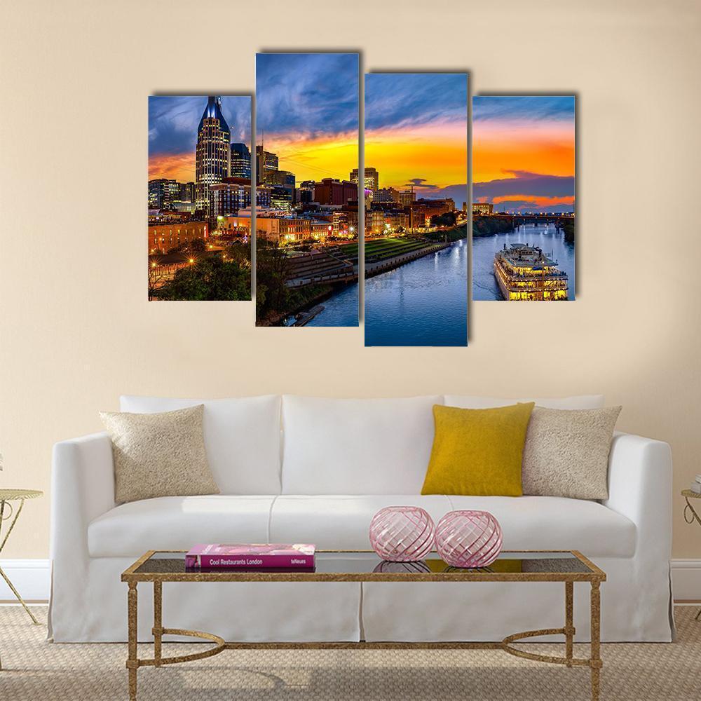 Nashville Skyline With Boat Canvas Wall Art-4 Pop-Gallery Wrap-50" x 32"-Tiaracle
