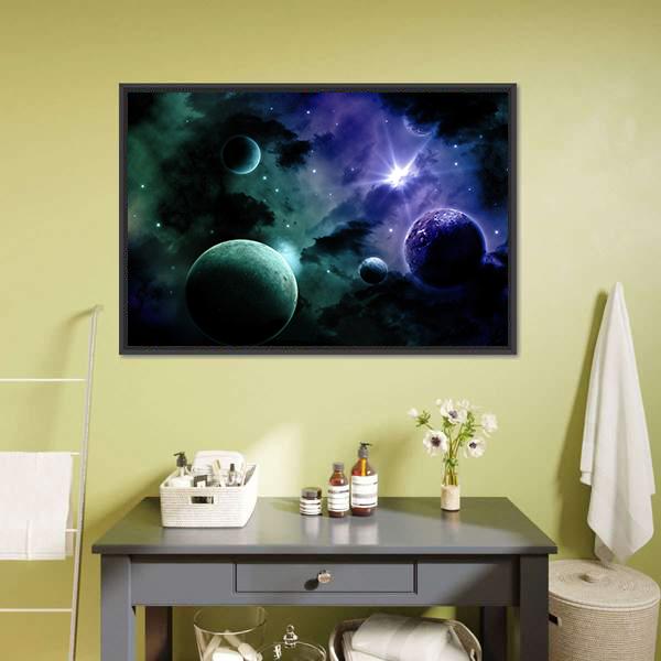 Nebula & Fictional Planets Canvas Wall Art-1 Piece-Floating Frame-24" x 16"-Tiaracle