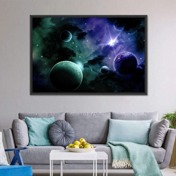 Nebula & Fictional Planets Canvas Wall Art-3 Horizontal-Gallery Wrap-25" x 16"-Tiaracle