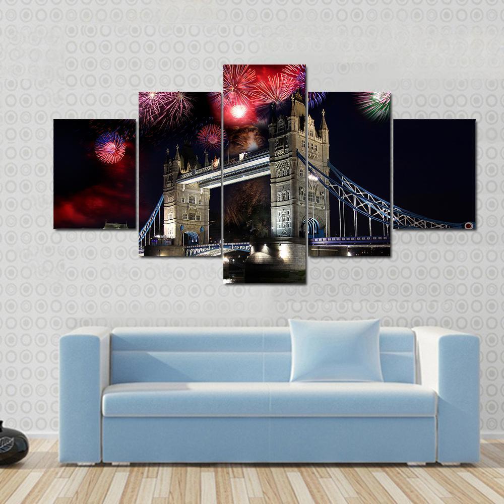 Tower Bridge With Firework Canvas Wall Art-5 Star-Gallery Wrap-62" x 32"-Tiaracle