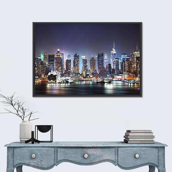New York At Night Canvas Wall Art-1 Piece-Floating Frame-24" x 16"-Tiaracle