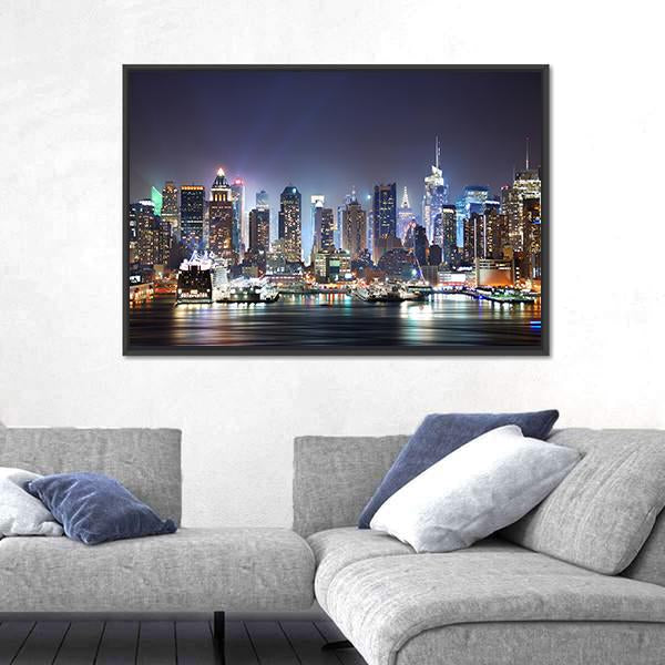 New York At Night Canvas Wall Art-3 Horizontal-Gallery Wrap-25" x 16"-Tiaracle