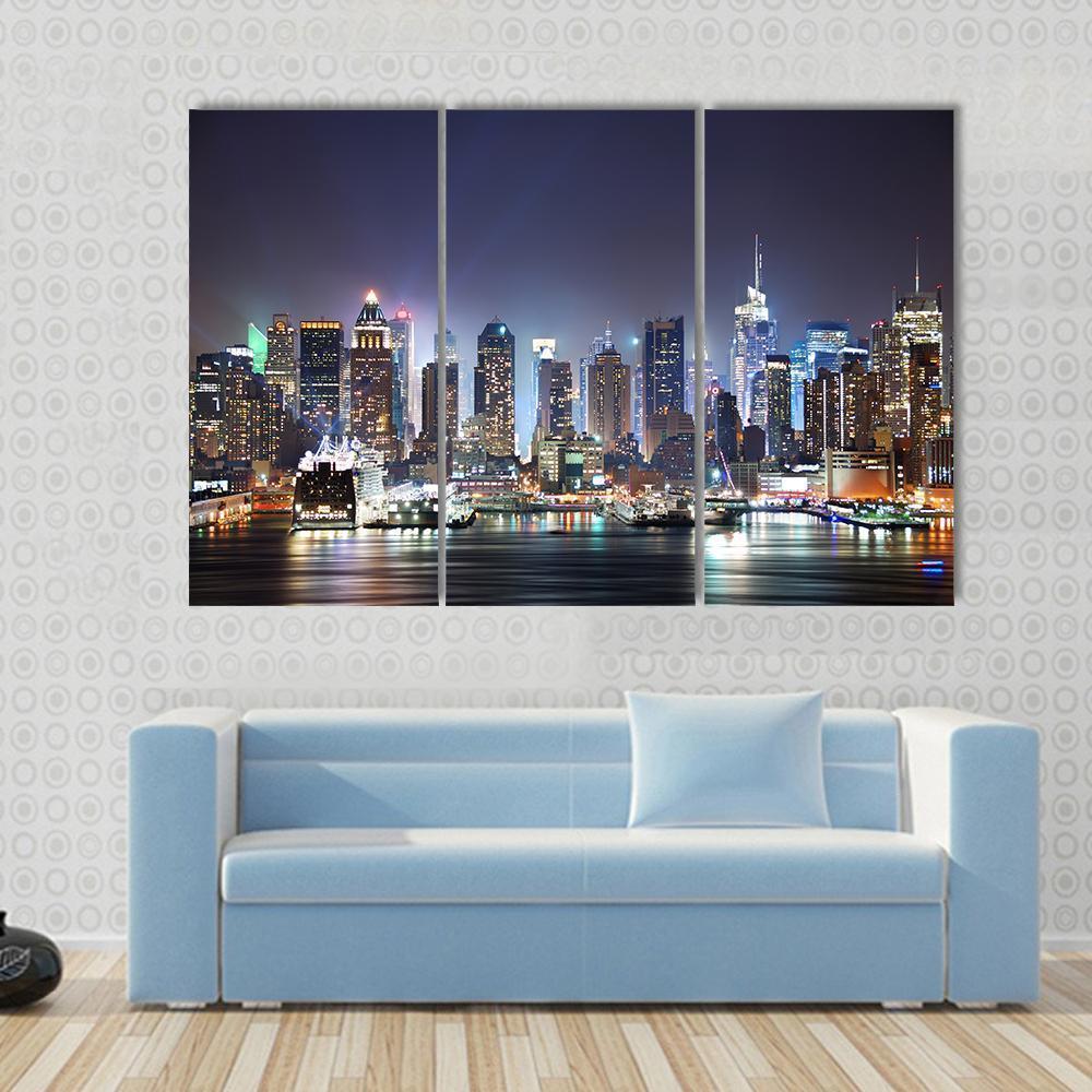 New York At Night Canvas Wall Art-3 Horizontal-Gallery Wrap-37" x 24"-Tiaracle