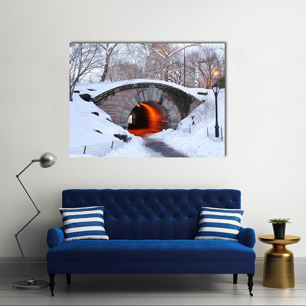 New York City Manhattan Central Park In Winter With Bridge Canvas Wall Art-1 Piece-Gallery Wrap-48" x 32"-Tiaracle