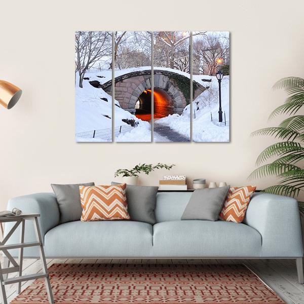 New York City Manhattan Central Park In Winter With Bridge Canvas Wall Art-4 Horizontal-Gallery Wrap-34" x 24"-Tiaracle