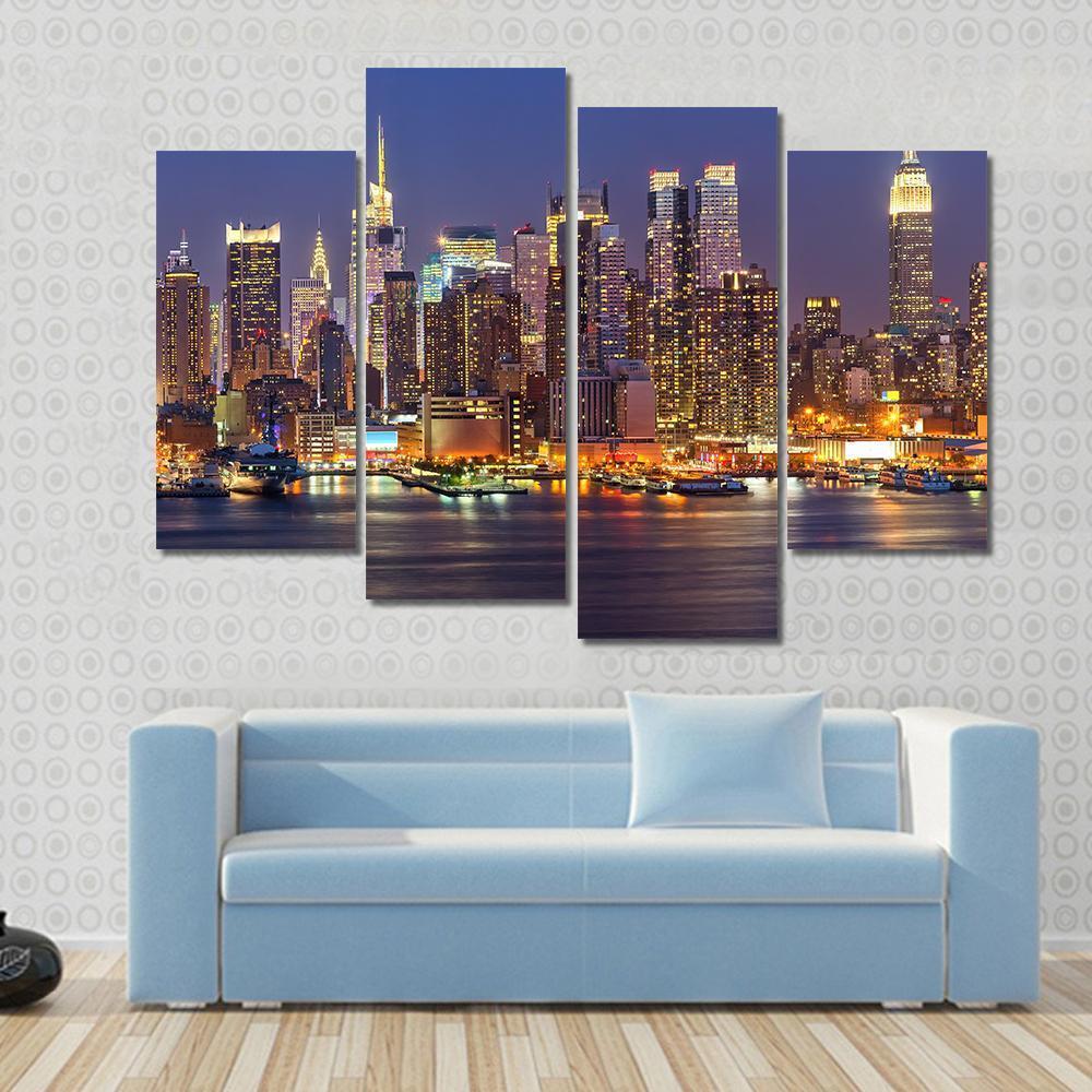 Manhattan At Night Canvas Wall Art-4 Pop-Gallery Wrap-50" x 32"-Tiaracle