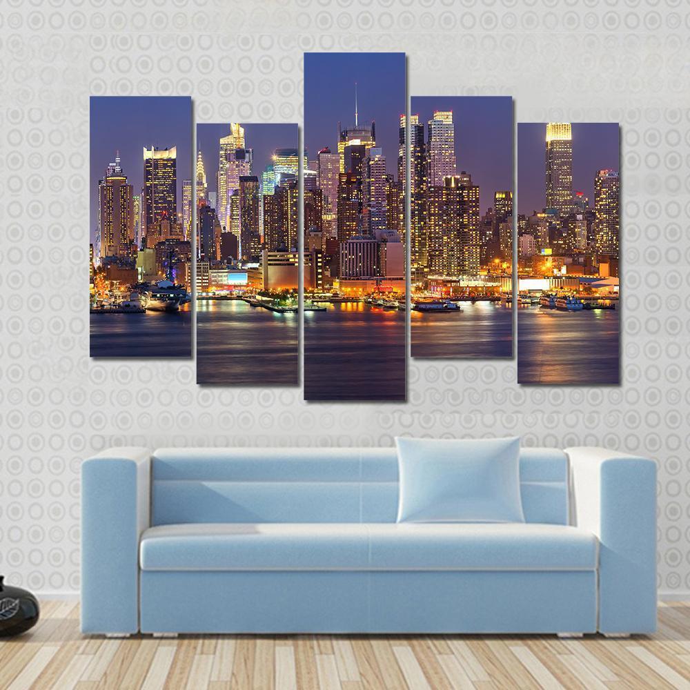 Manhattan At Night Canvas Wall Art-5 Pop-Gallery Wrap-47" x 32"-Tiaracle