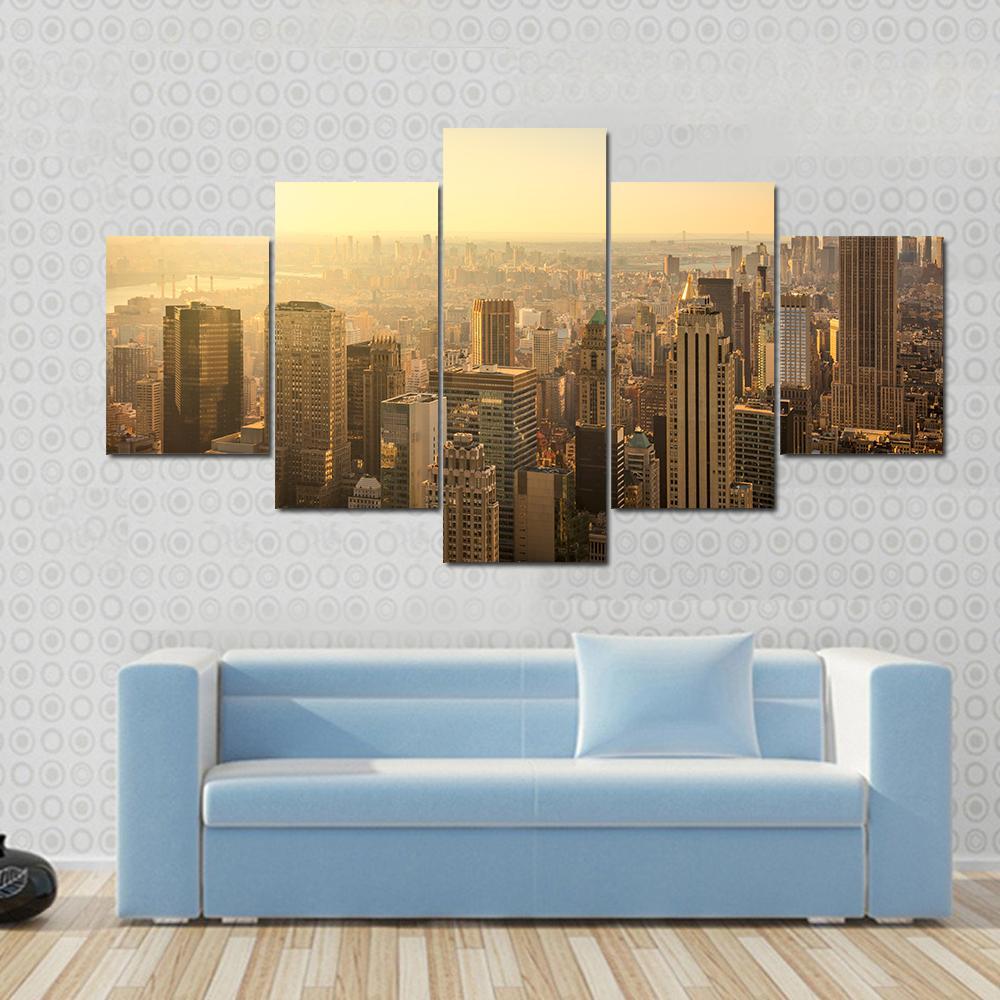 NY Skyline With Urban Skyscrapers Canvas Wall Art-5 Star-Gallery Wrap-62" x 32"-Tiaracle
