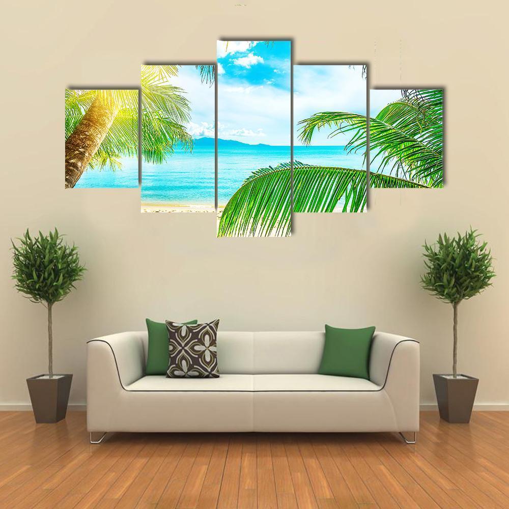 Beach From Palm Trees Canvas Wall Art-5 Star-Gallery Wrap-62" x 32"-Tiaracle
