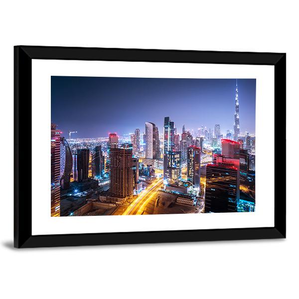 Night Cityscape Of Dubai Canvas Wall Art-3 Horizontal-Gallery Wrap-25" x 16"-Tiaracle