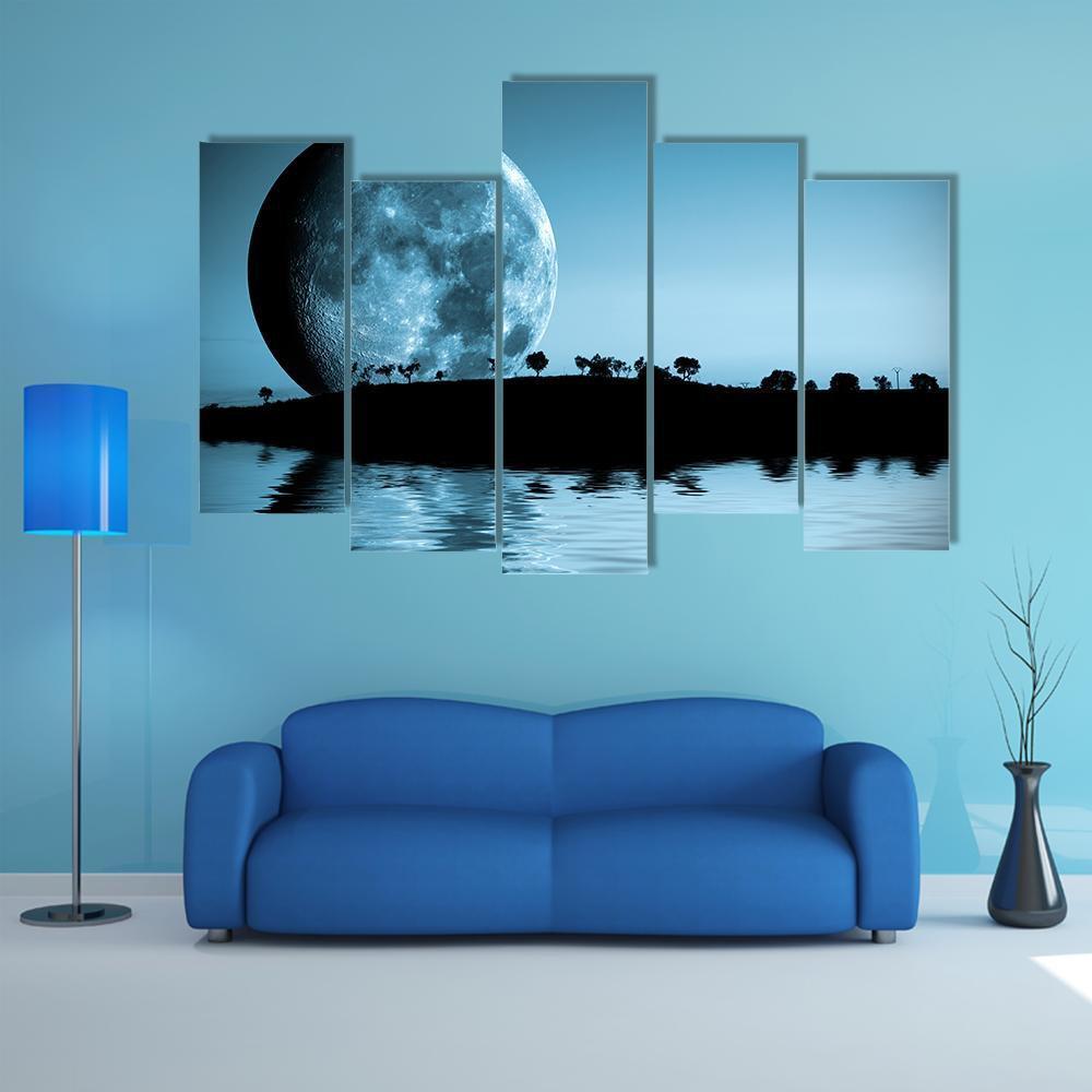 Full Moon & Lake Canvas Wall Art-5 Pop-Gallery Wrap-47" x 32"-Tiaracle