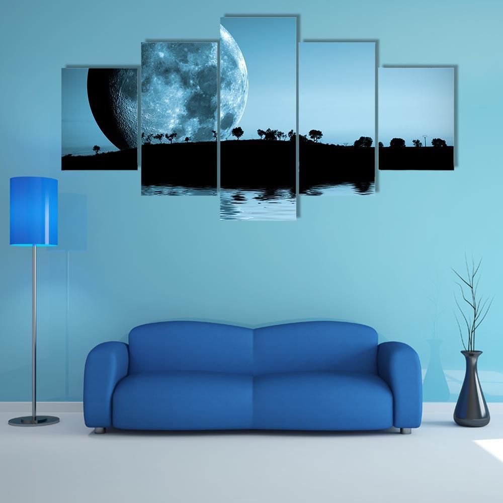 Full Moon & Lake Canvas Wall Art-5 Star-Gallery Wrap-62" x 32"-Tiaracle