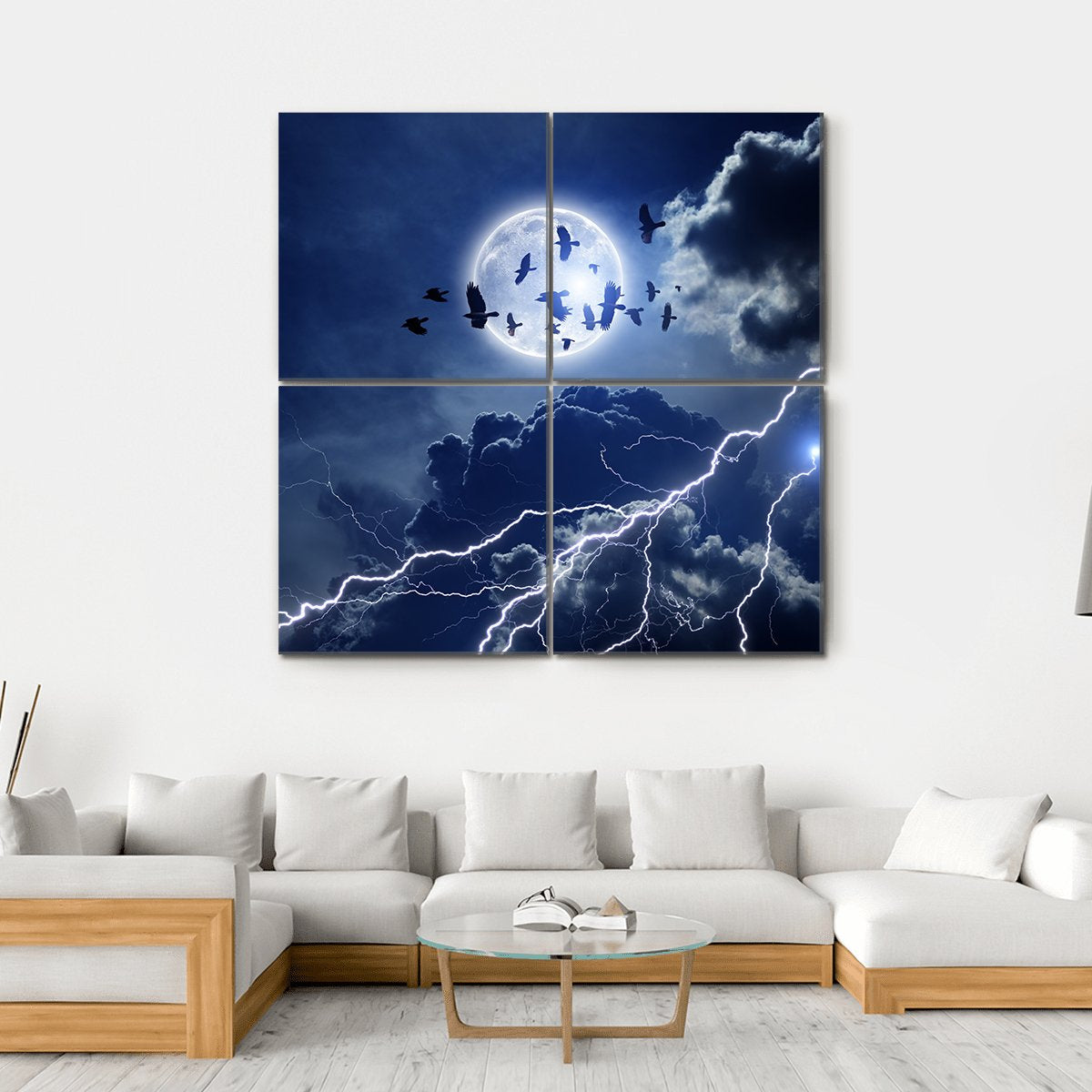 Moon Lightning & Dark Clouds Canvas Wall Art-4 Square-Gallery Wrap-17" x 17"-Tiaracle