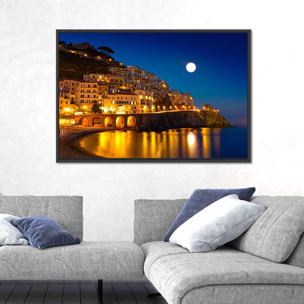 Night View Of Amalfi Cityscape Canvas Wall Art-3 Horizontal-Gallery Wrap-25" x 16"-Tiaracle
