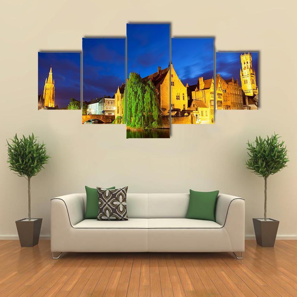 Bruges Town At Night Canvas Wall Art-5 Star-Gallery Wrap-62" x 32"-Tiaracle