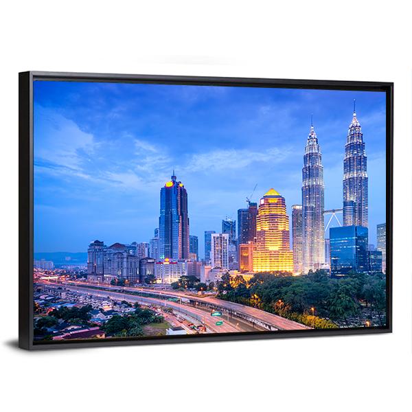 Night View Of Kuala Lumpur Canvas Wall Art-3 Horizontal-Gallery Wrap-25" x 16"-Tiaracle