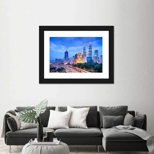 Night View Of Kuala Lumpur Canvas Wall Art-3 Horizontal-Gallery Wrap-25" x 16"-Tiaracle