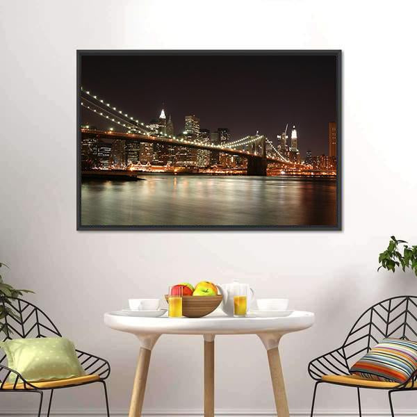 Night View Of Manhattan Skyline Vertical Canvas Wall Art-3 Vertical-Gallery Wrap-12" x 25"-Tiaracle