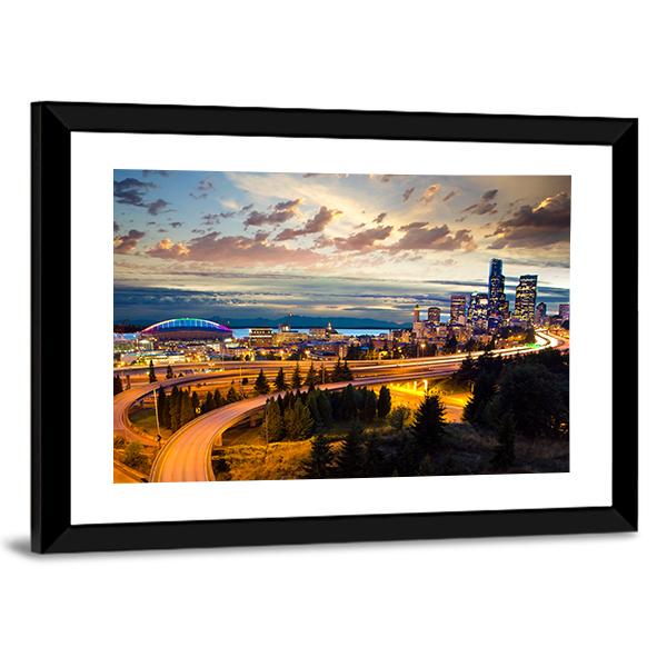 Night View Of Seattle Vertical Canvas Wall Art-3 Vertical-Gallery Wrap-12" x 25"-Tiaracle