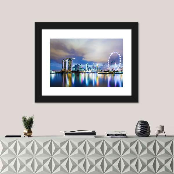 Night View Of Singapore Skyline Canvas Wall Art-1 Piece-Framed Print-20" x 16"-Tiaracle