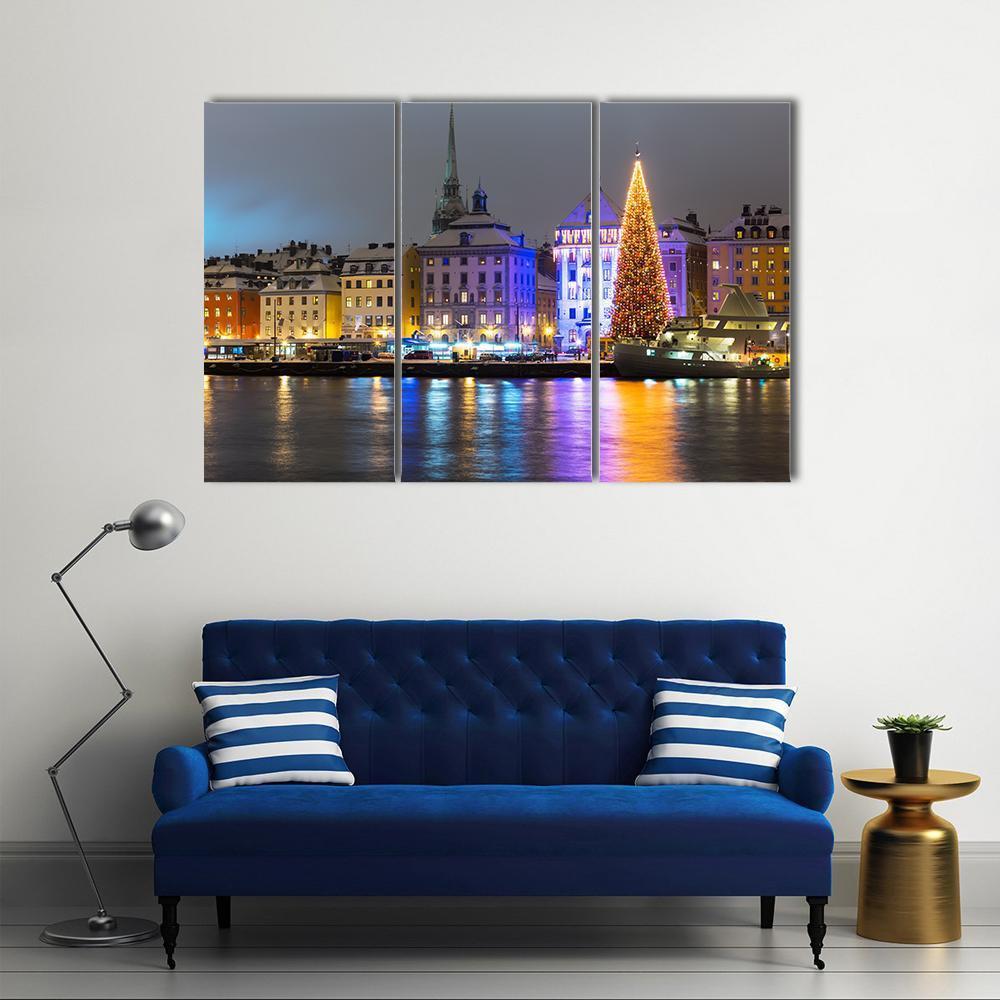 Gamla Stan At Night Canvas Wall Art-3 Horizontal-Gallery Wrap-37" x 24"-Tiaracle