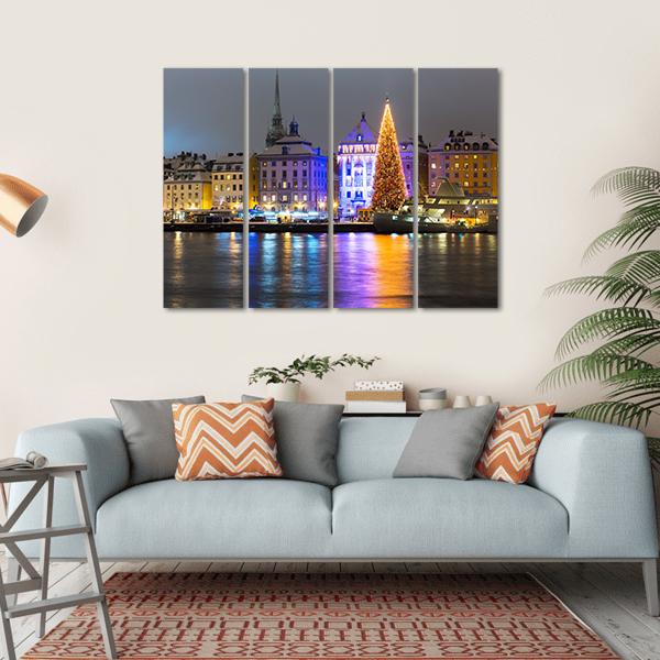 Gamla Stan At Night Canvas Wall Art-4 Horizontal-Gallery Wrap-34" x 24"-Tiaracle