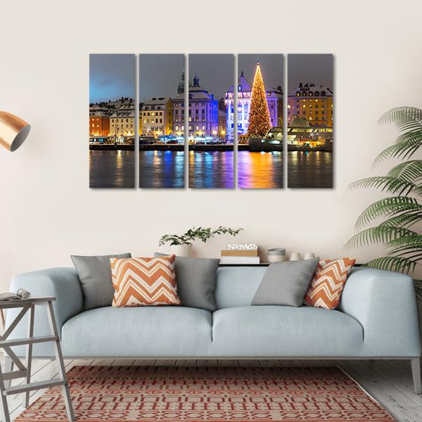 Gamla Stan At Night Canvas Wall Art-5 Horizontal-Gallery Wrap-22" x 12"-Tiaracle