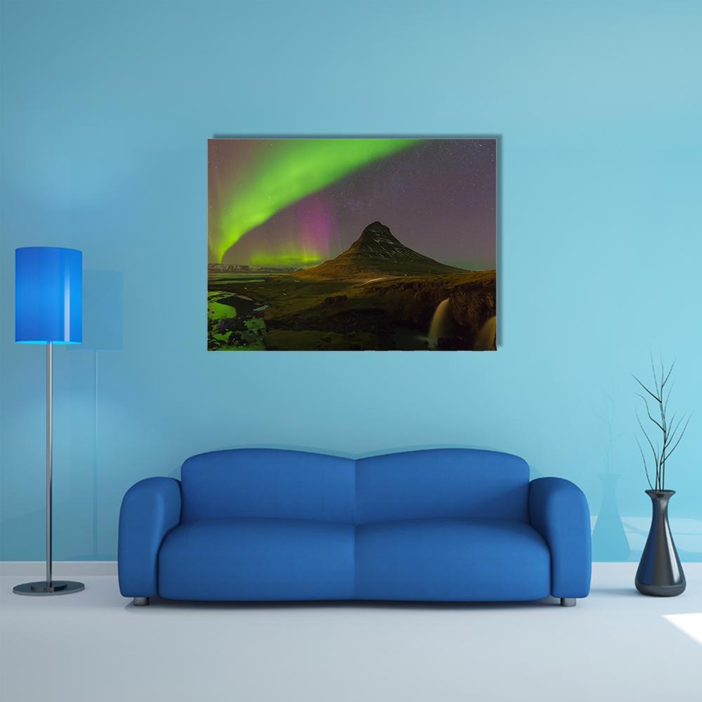 Northern Light Over Kirkjufell Volcano Canvas Wall Art-1 Piece-Gallery Wrap-36" x 24"-Tiaracle