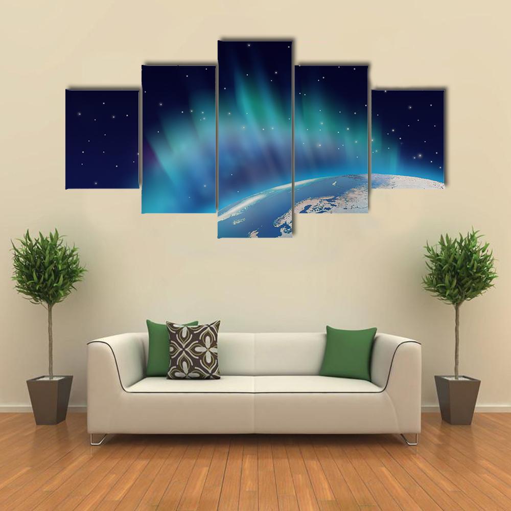 Northern Lights Over Planet Earth Canvas Wall Art-5 Star-Gallery Wrap-62" x 32"-Tiaracle