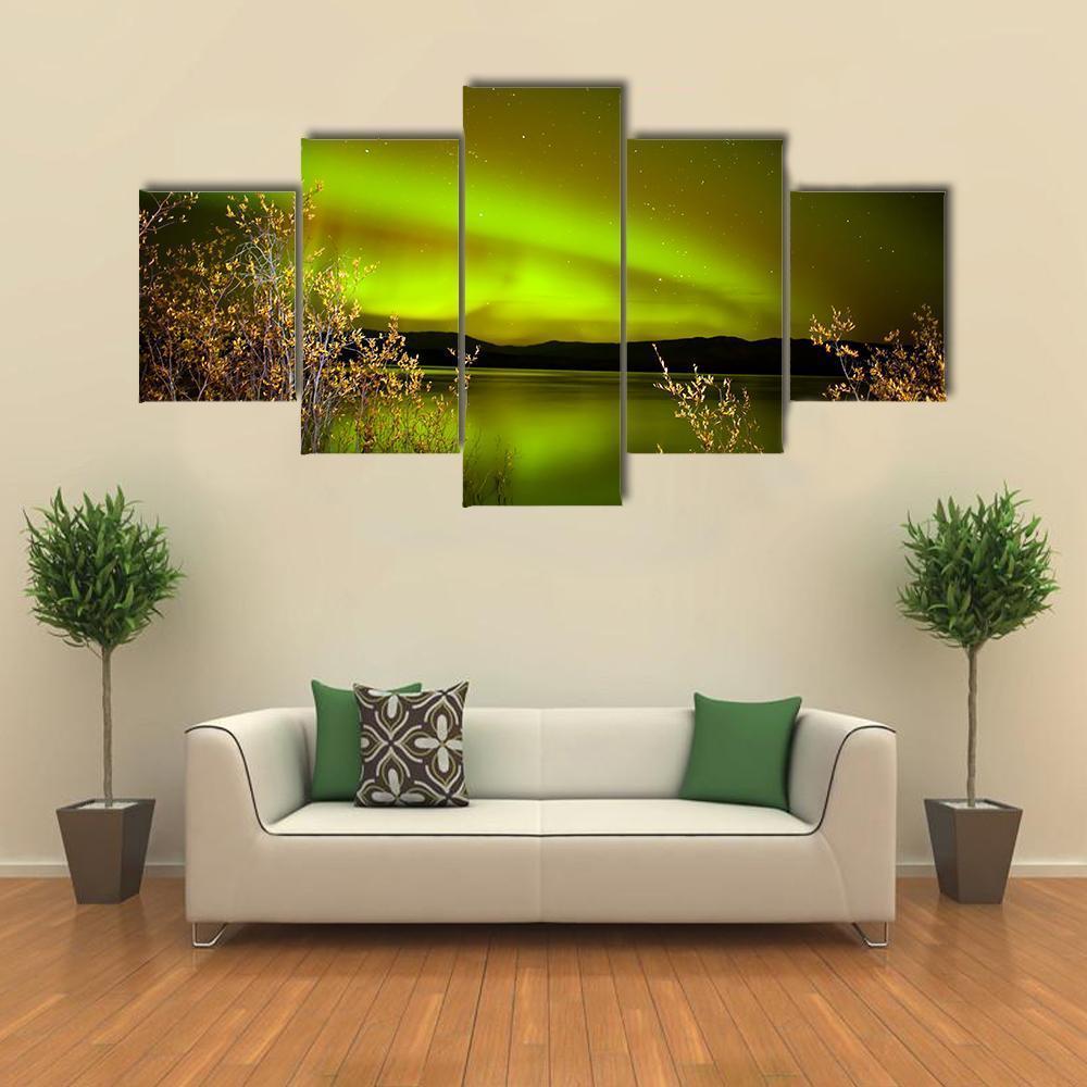Northern Lights Over Lake Canvas Wall Art-5 Star-Gallery Wrap-62" x 32"-Tiaracle