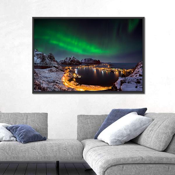 Northern Lights Over Reine Canvas Wall Art-3 Horizontal-Gallery Wrap-25" x 16"-Tiaracle