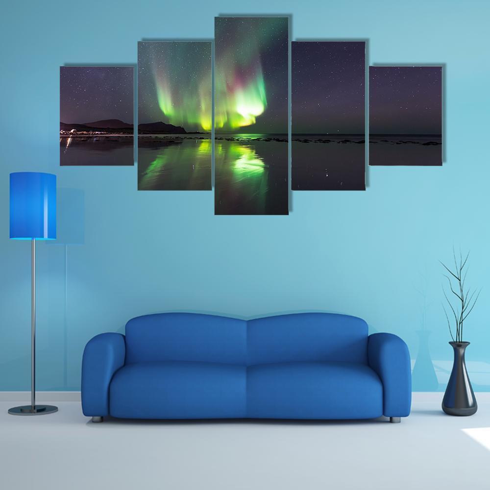 Northern Lights Over Skagsanden Beach Canvas Wall Art-5 Star-Gallery Wrap-62" x 32"-Tiaracle