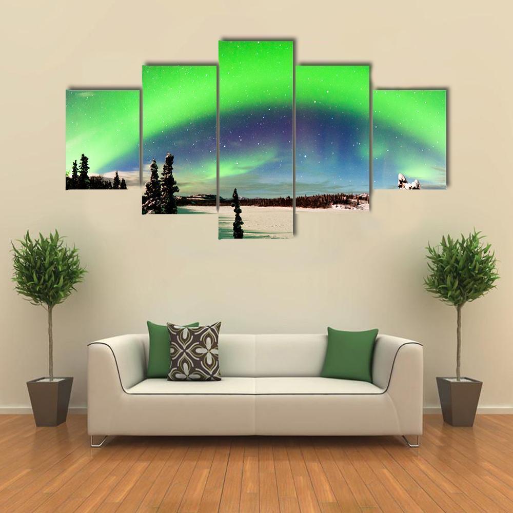 Northern Lights Over Snowy Landscape Canvas Wall Art-5 Star-Gallery Wrap-62" x 32"-Tiaracle