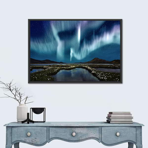 Northern Lights Over Wildflowers Canvas Wall Art-3 Horizontal-Gallery Wrap-25" x 16"-Tiaracle