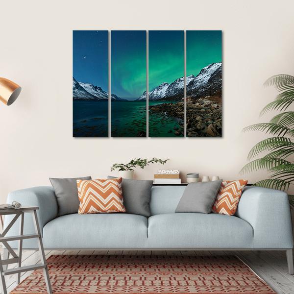 Aurora Borealis With Fjords Canvas Wall Art-4 Horizontal-Gallery Wrap-34" x 24"-Tiaracle