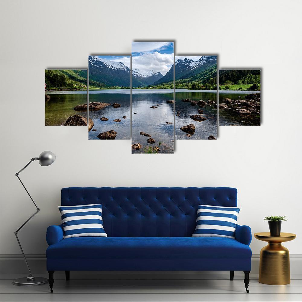 Amazing Lake Norway Canvas Wall Art-5 Star-Gallery Wrap-62" x 32"-Tiaracle