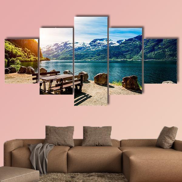 Bench Near Lake Canvas Wall Art-5 Star-Gallery Wrap-62" x 32"-Tiaracle