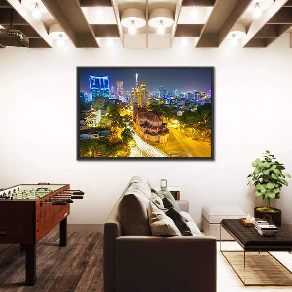 Notre Dame Cathedral At Night Canvas Wall Art-3 Horizontal-Gallery Wrap-25" x 16"-Tiaracle