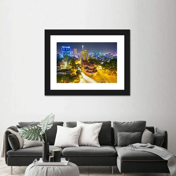 Notre Dame Cathedral At Night Canvas Wall Art-3 Horizontal-Gallery Wrap-25" x 16"-Tiaracle