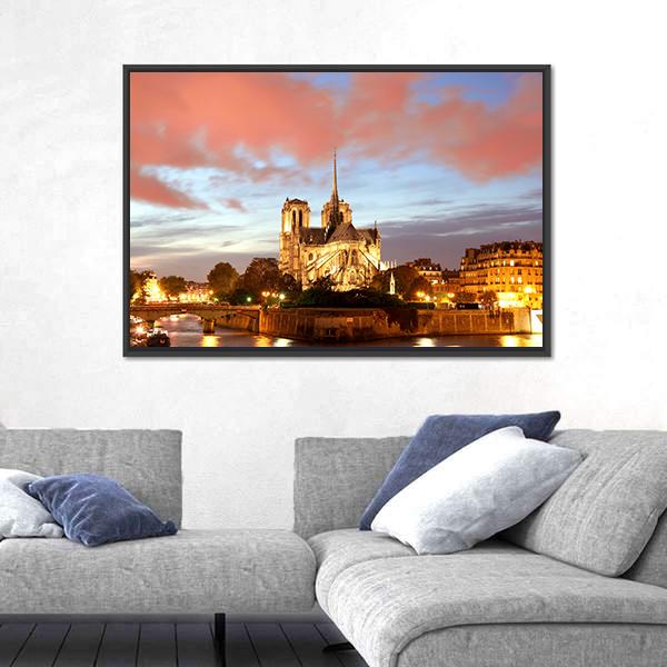 Notre Dame De Paris In Evening Canvas Wall Art-3 Horizontal-Gallery Wrap-25" x 16"-Tiaracle