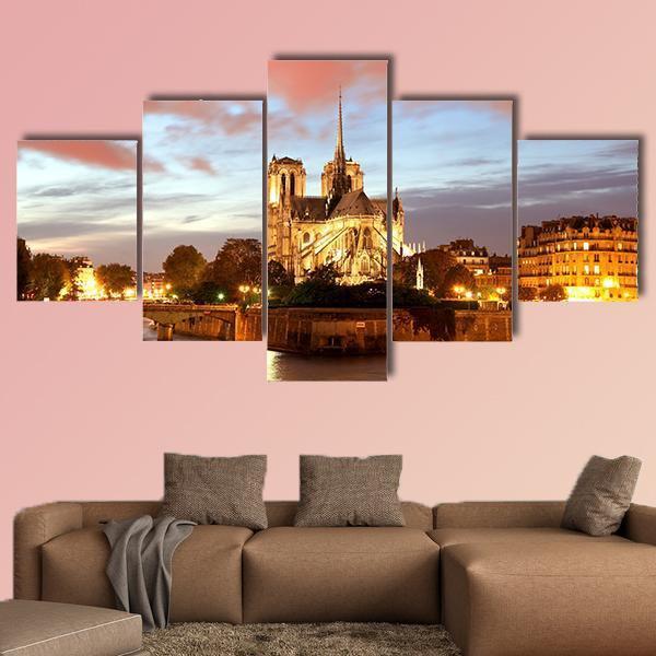 Notre Dame De Paris In Evening Canvas Wall Art-5 Star-Gallery Wrap-62" x 32"-Tiaracle