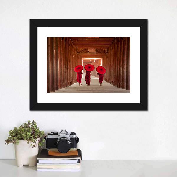 Novice Monks Walking Canvas Wall Art-1 Piece-Framed Print-20" x 16"-Tiaracle