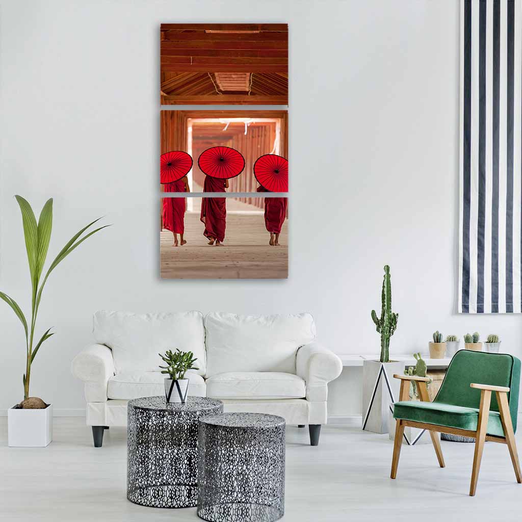 Novice Monks Walking Vertical Canvas Wall Art-3 Vertical-Gallery Wrap-12" x 25"-Tiaracle