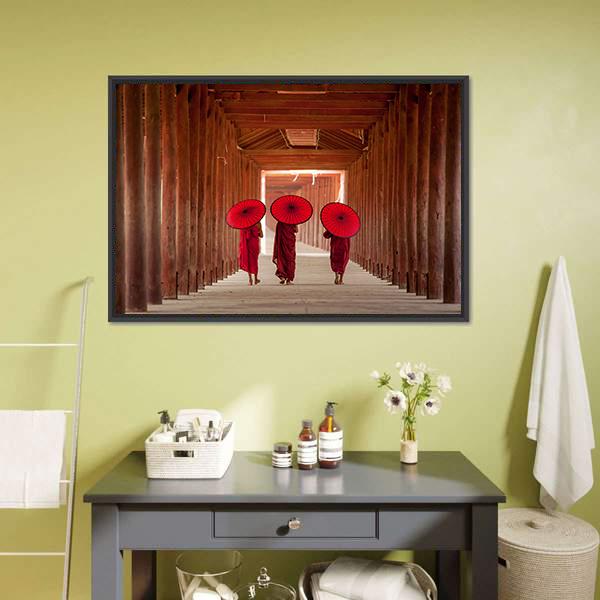 Novice Monks Walking Vertical Canvas Wall Art-3 Vertical-Gallery Wrap-12" x 25"-Tiaracle
